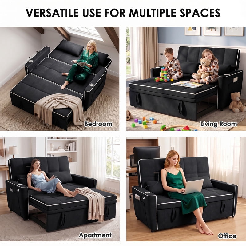 Anpport 54" 3‑in‑1 Convertible Sleeper Sofa Bed, Loveseat with White Trim, USB Charging Port, Phone Stand, 2 Cup Holders and 2 Pillows for Living Room, Bedroom and Apartment, Black
