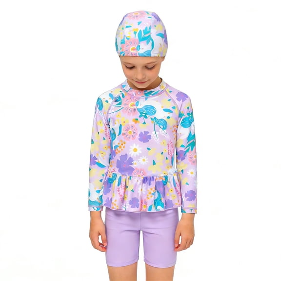 Girls Swimsuits Long Sleeve Sun Swimwear Cute Floral Ruffle Surfing 3 Piece Swimsuit with Hat for Toddler and Kids