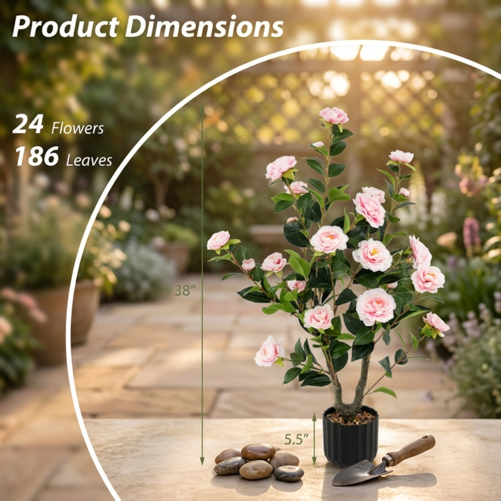 Vebreda Artificial Plant Decor, 38 Inch Artificial Camellia Tree Faux Flower Plant in Cement Pot, Gorgeous and Vivid Appearance