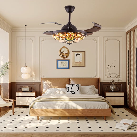4 Blades Remote Control Ceiling Fan Light Indoor Tiffany Style Chandelier Fan Lamp W/Remote Fandelier