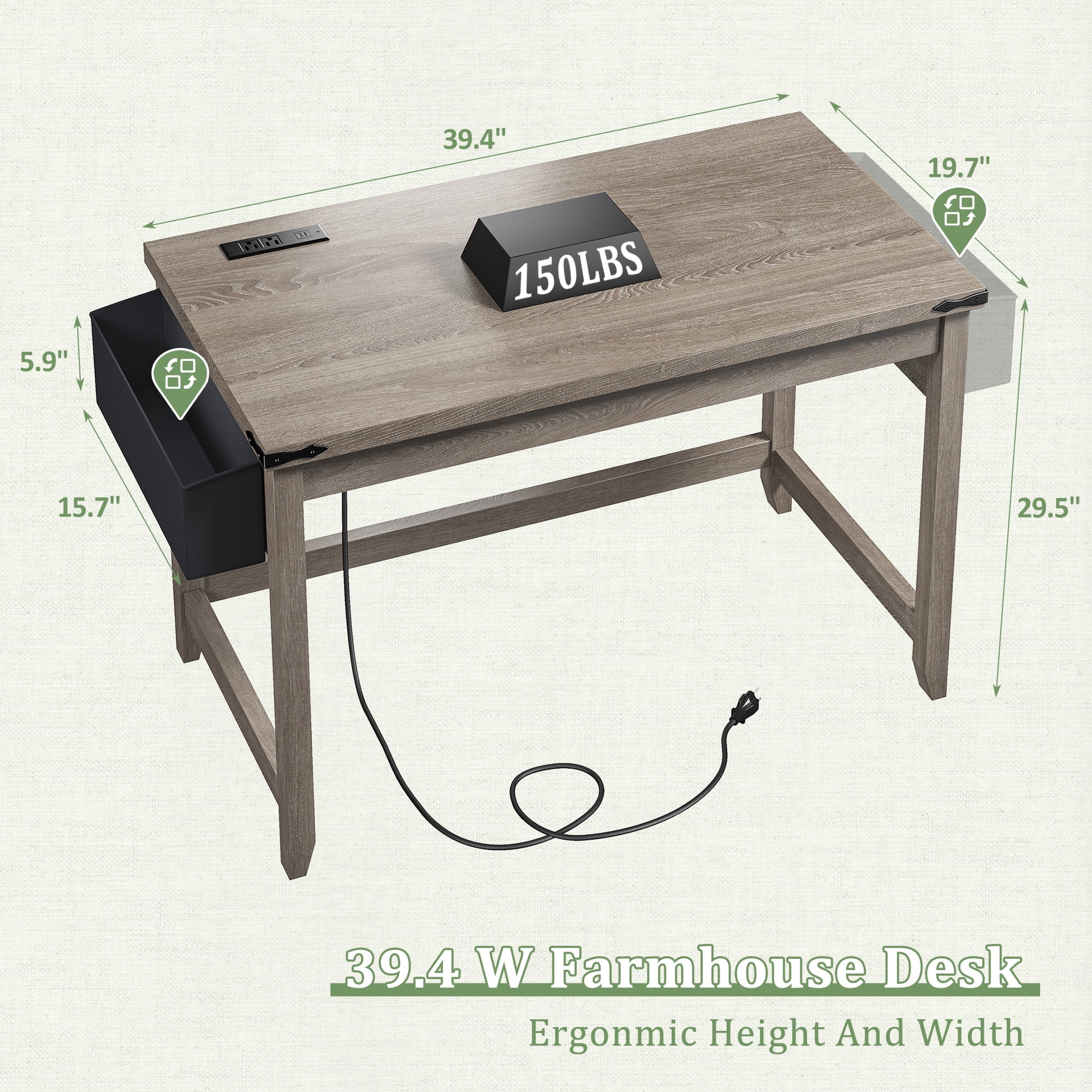 Enhomee Computer Desk with Power Outlet 40.1"W Small Desk for Bedroom, Ash Gray