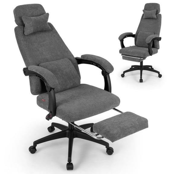 Furnibear Reclining Office Chair with Footrest, Ergonomic Chenille Fabric High Back Desk Chair with Lumbar Support for Home Office, Gray