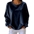 thumbnail image 2 of thefmos Women's Round Neck Velvet Pullover Top Long Sleeve Solid Color Casual Loose Fit Sweatshirt Trendy Fall Winter Outfit, Navy L, 2 of 6