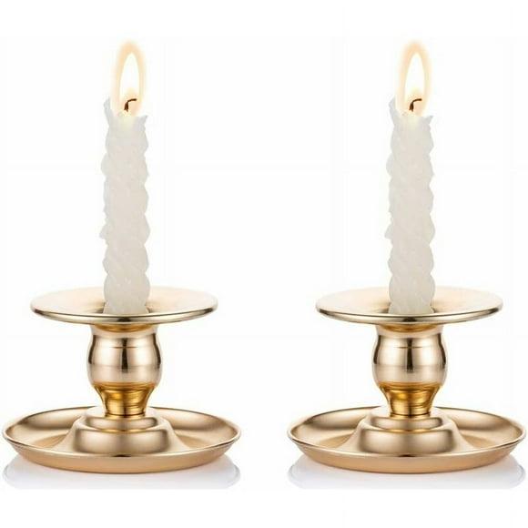 Set of 2 Gold Brass Metal Candle Holders for Candles, Candlesticks, Tea Lights and Pillar Candles - for Display Cabinet and Mantel