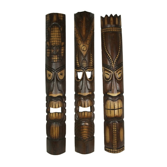 Zeckos 40 inch Hand Carved Tiki Mask Wall Sculpture Tropical Decor Set of 3