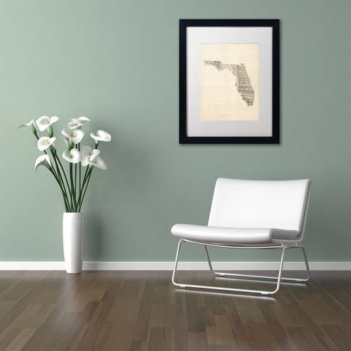 Trademark Fine Art 'Old Sheet Music Map of Florida' Canvas Art by Michael Tompsett, White Matte, Black Frame