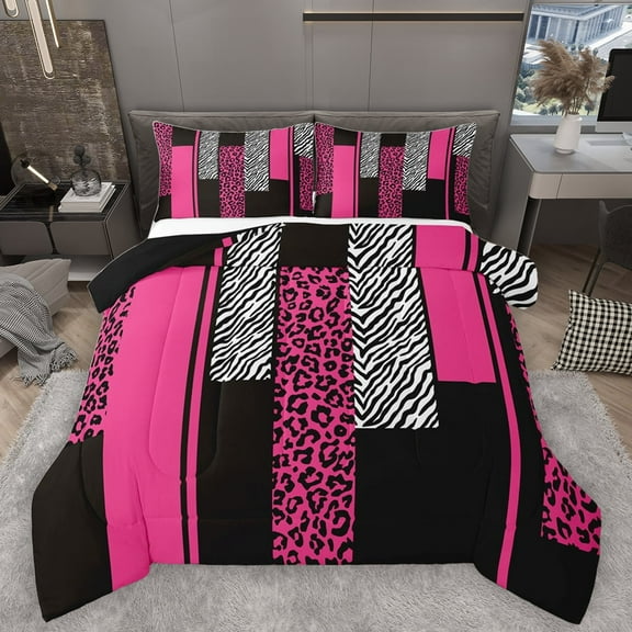 Homewish Geometric Striped Bedding Comforter Set,Leopard Print Zebra Lines Twin Comforter Sets,Pink White Black Bedding Set For Girls Kids,Luxury Bedroom Decor Reversible,2pcs