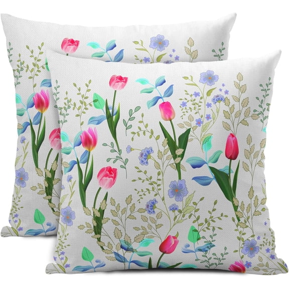 Tulip Floral Leaf Pillow Covers 20x20 Inch Set of 2 Spring Pink Purple Flowers Leaves Decorative Throw Pillows Seasonal Cotton Linen Pillow Cases Farmhouse Home Decor For Cushion Couch Sofa Outdoor
