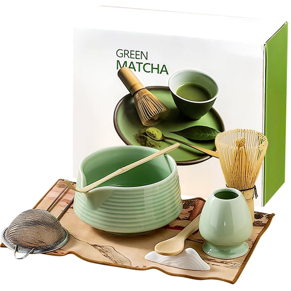 Matcha whisk Set, 8 PCS Ceramic Matcha Kit, Matcha Tea Set with Whisk, Ceramic Bowl, Sifter, Scoop, Holder, Stand, and Tea Towel, Gift for Matcha Lover