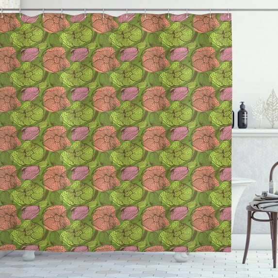 Colorful Shower Curtain, Vintage Floral Composition with Hand Drawn Style Blossoms Exotic Aged Foliage, Fabric Bathroom Set with Hooks, 69W X 75L Inches Long, Multicolor, by Ambesonne