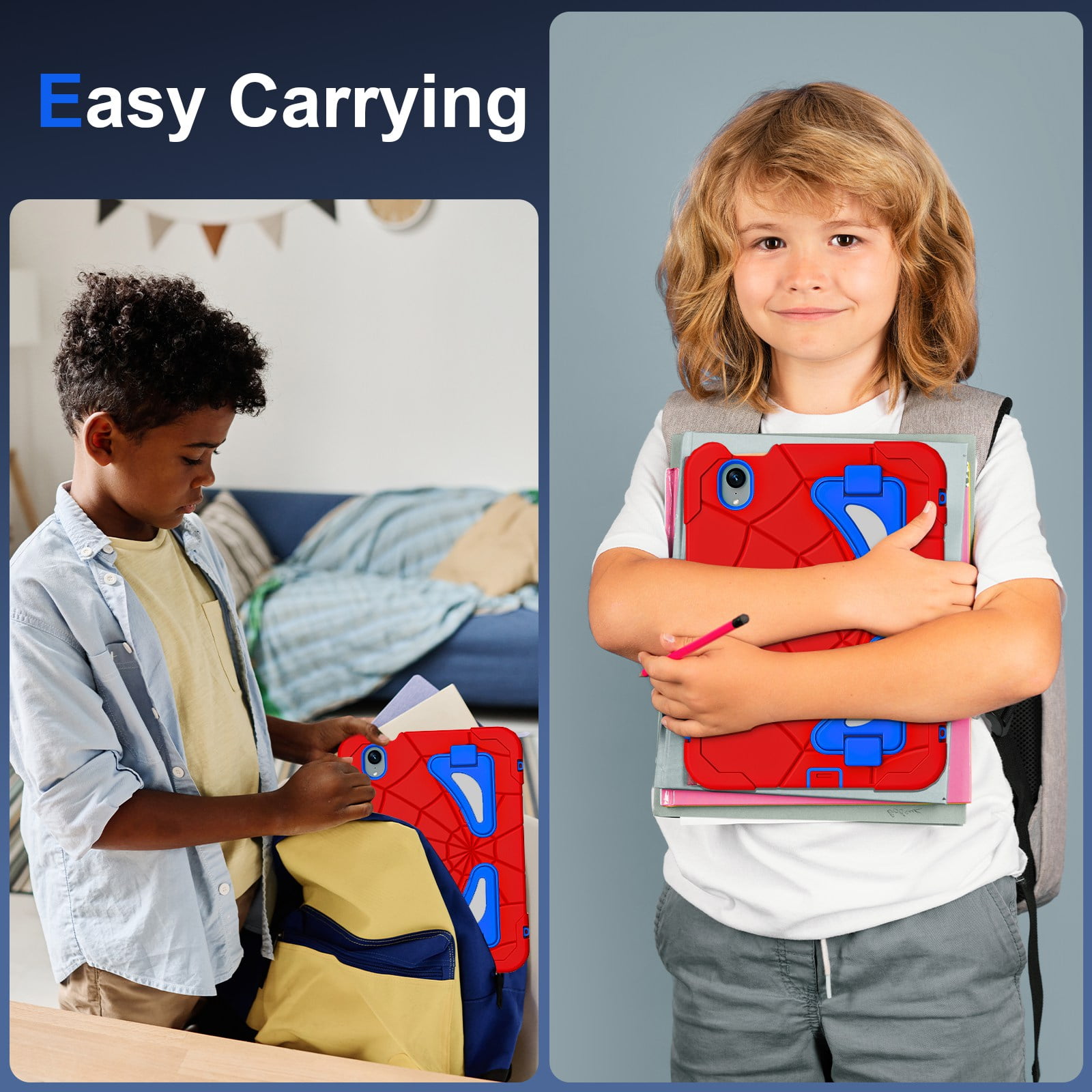 ELEHOLD Kids Friendly Case For Apple iPad mini 7th(A17 Pro) 2024/6th, Heavy Duty Shockproof Rugged Protective Case with Pencil Holder Foldable Kickstand for Boys Children Case, Red+Blue
