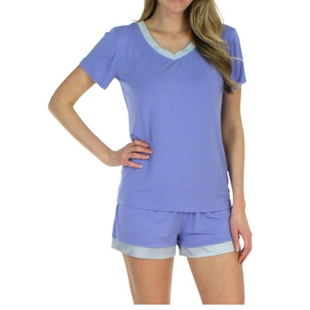 Nylon Satin Shorts - Pajama Heaven Women's Sleepwear Bamboo Jersey V-Neck Top and Shorts Pajama Set With Satin Trim