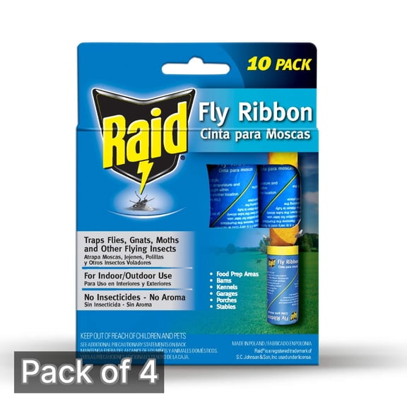 Raid Fly Ribbons, Outdoor & Indoor Fly Traps 10-Count Box (Pack of 4)