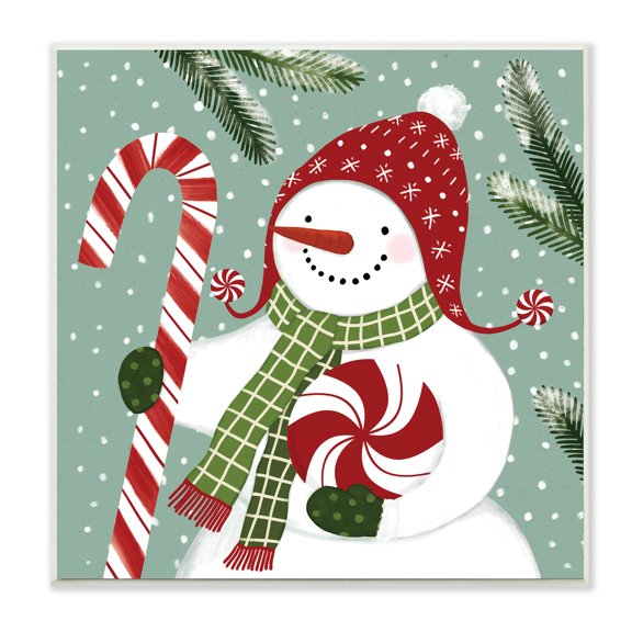 Stupell Industries Peppermint Candy Snowman Green Winter Forest Holiday Painting Unframed Art Print Wall Art, 12 x 12