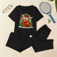 thumbnail image 2 of REORIAFEE 3 Piece Lounge Set Women Christmas 3 Piece Pajama Short Sleeve Top and Shorts Santa Graphic Soft Sleepwear Black XS-2XL, 2 of 7