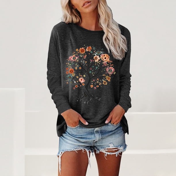 MHFRRA Camiseta Básica de Cuello Redondo y Manga Larga, Blusa Informal Holgada para Otoño, Cómoda, Elegante, Versátil y para Uso Diario. Gris Oscuro