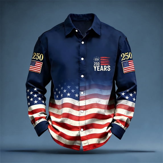 FINALGANG Mens Point Collar Long Sleeve Button Down Shirt With USA Flag Print 250 Embroidered Patches Casual Loose Fit For Patriotic Events Fourth Of July Daily Wear Trendy Top S