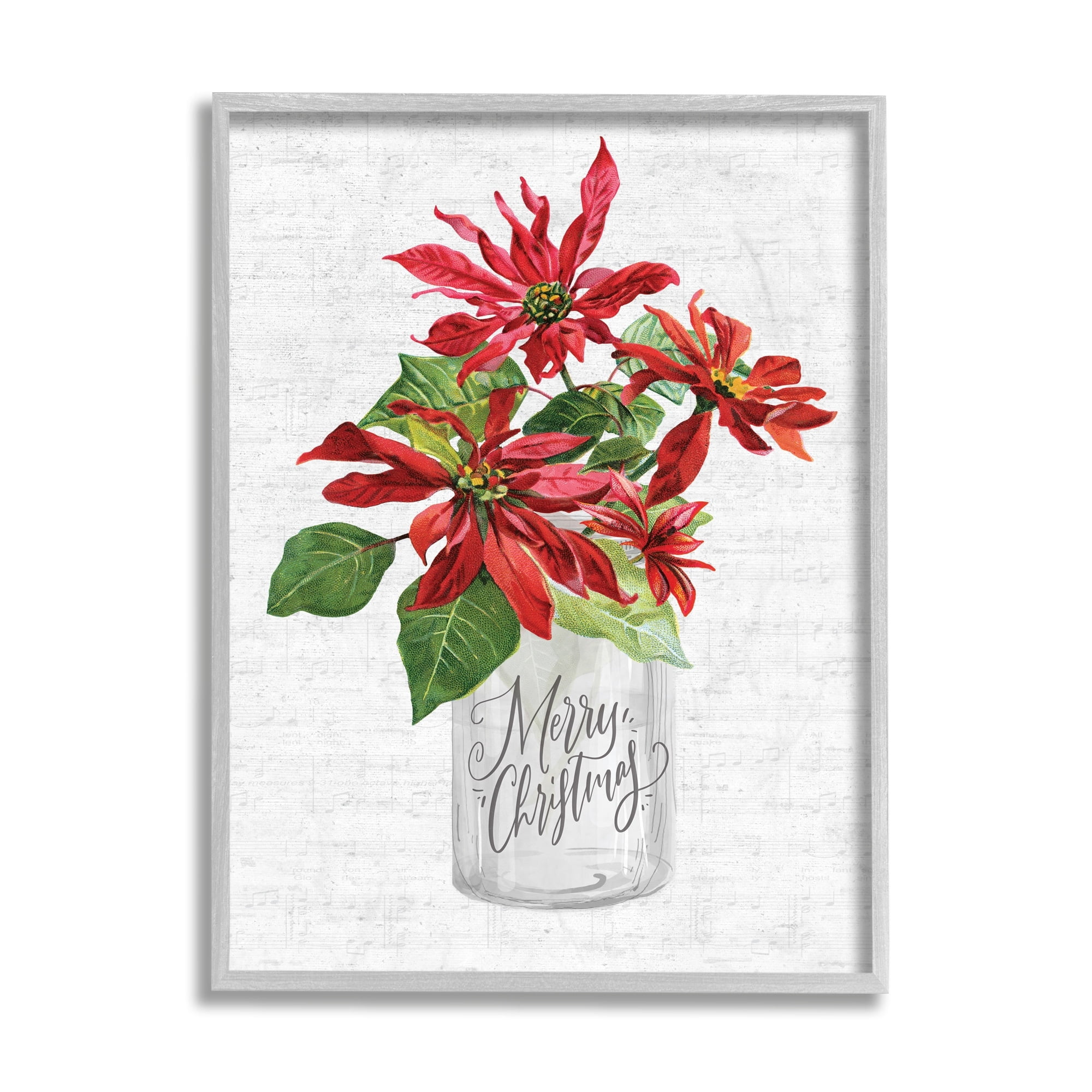 Stupell Industries Merry Christmas Phrase Country Poinsettia Bouquet Holiday Painting Gray Framed Art Print Wall Art, 16 x 20