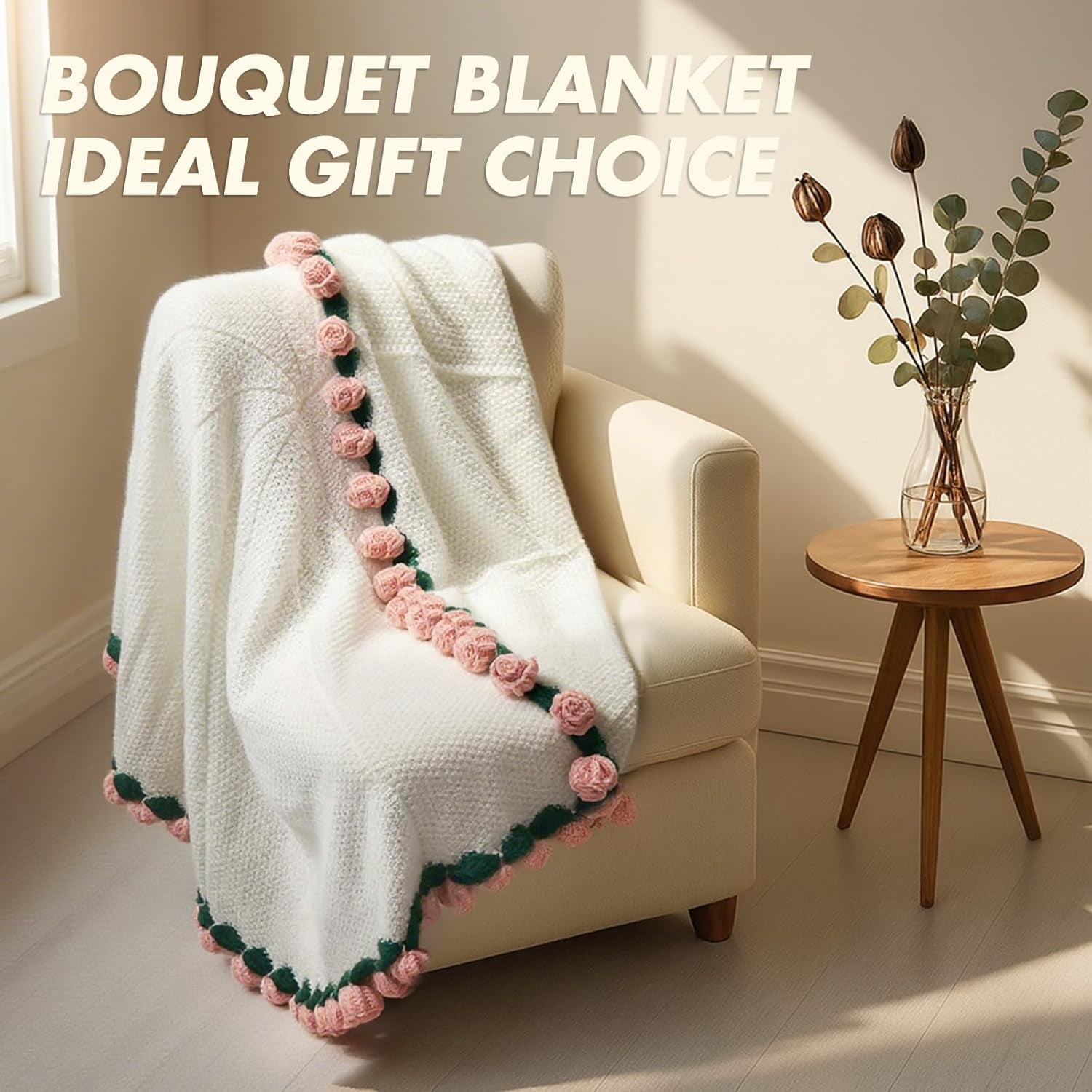 Finished Crochet Rose Bouquet Blanket,Cozy Knitted Bed Throw Blankets for Women,Mom,Sister,Girlfriend,Wife,Gifts for Birthday Wedding Christmas Home Decor