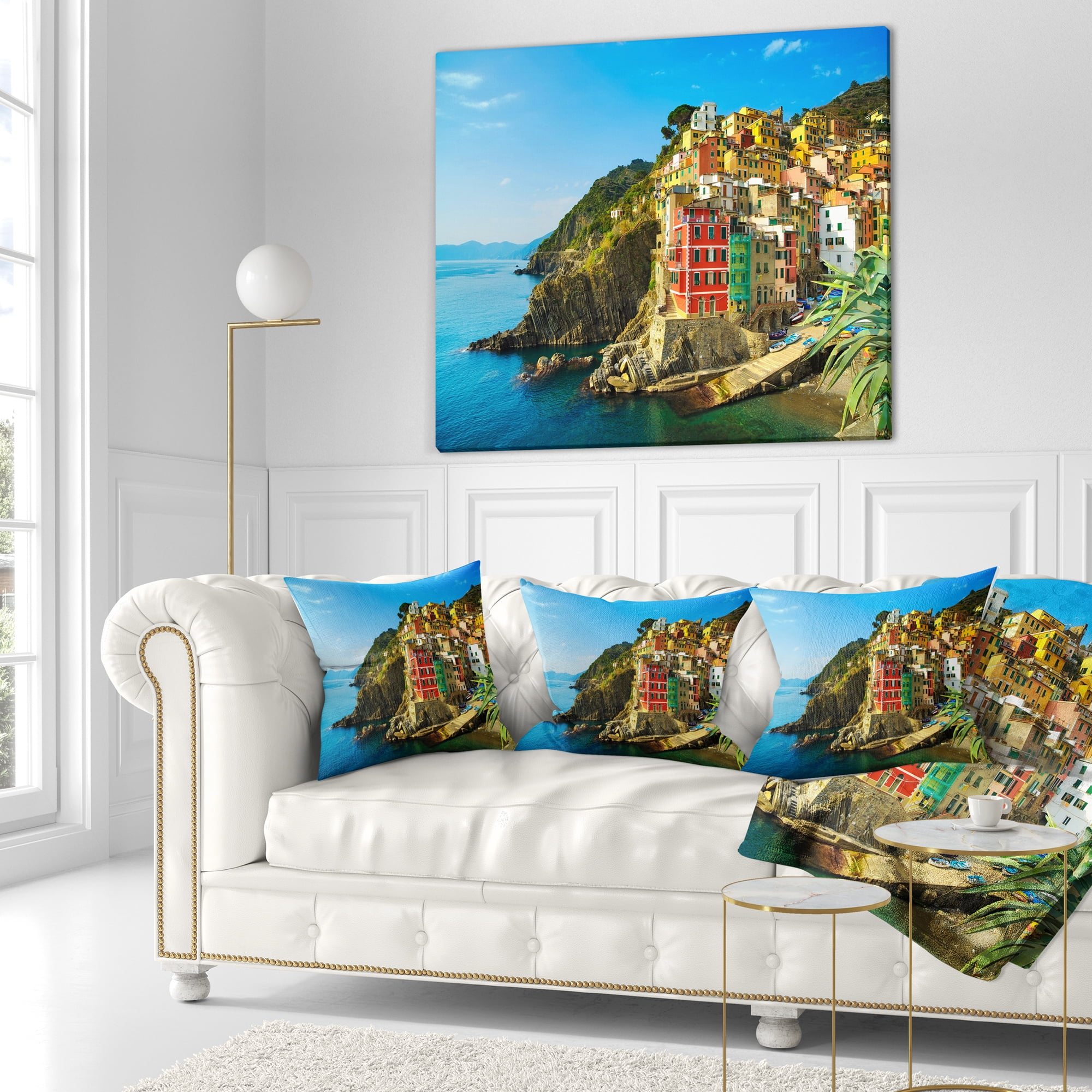 Designart Riomaggiore Village Rocky Beach - Seascape Throw Pillow - 16x16