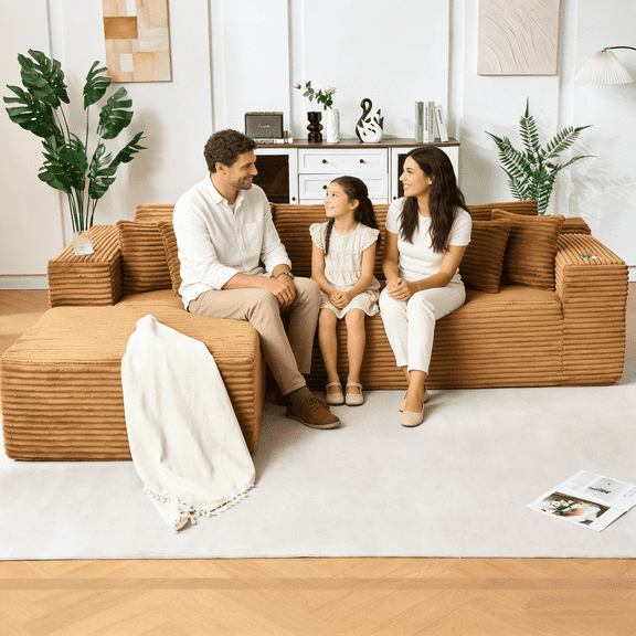 VNT Modern Modular Sectional Sofa with Side Storage Pockets, Corduroy Upholstery Sofas for Living Room, No Assembly Required, Khaki