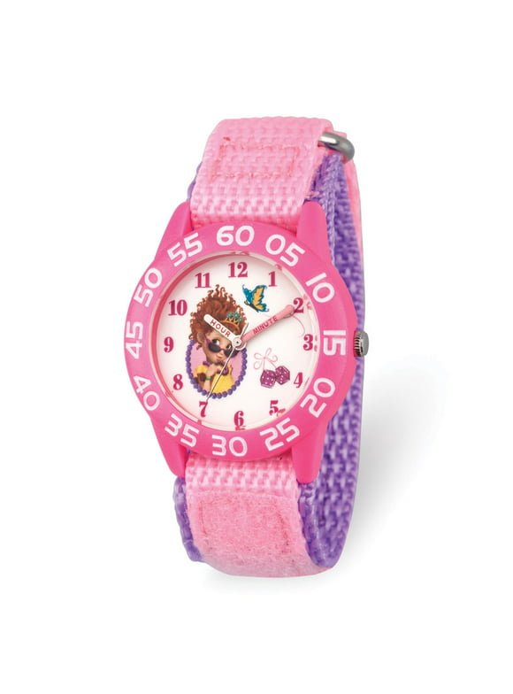 Fancy Nancy Girls' Pink Plastic Time Teacher Watch, Pink Hook and Loop Nylon Strap with Purple Backing