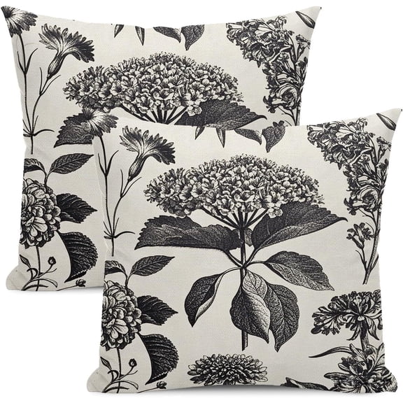 Black Pillow Covers 18x18 Inch 2 Pcs Boho Vintage Floral Decor Throw Pillows Hydrangea Flower Seasonal Outdoor Farmhouse Neutral Accent Decoration Pillowcase Linen Cushion Cover for Couch
