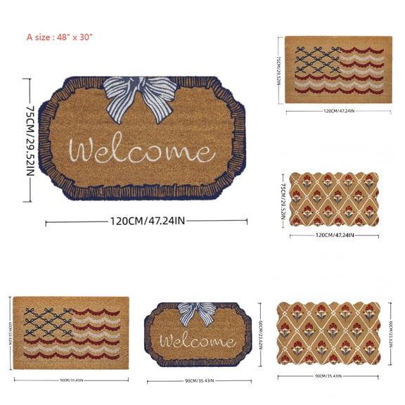 Bow Welcome Coir Outdoor Doormat, Blue and White, 48" x 30"Non-Slip Entryway Rug for Home Entrance Indoor Outdoor Use