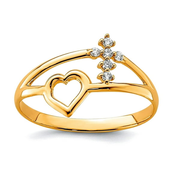 10k Solid Yellow Gold Love Heart and Religious Faith Cross Ring Size 7.00 Statement Ring for Women