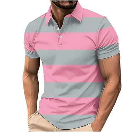 YLSDY Men s Striped Polo Shirts Button Down Lapel Short Sleeve Sports Workout T-Shirt Fashion Golf Tops Business Tees Pink XXXL
