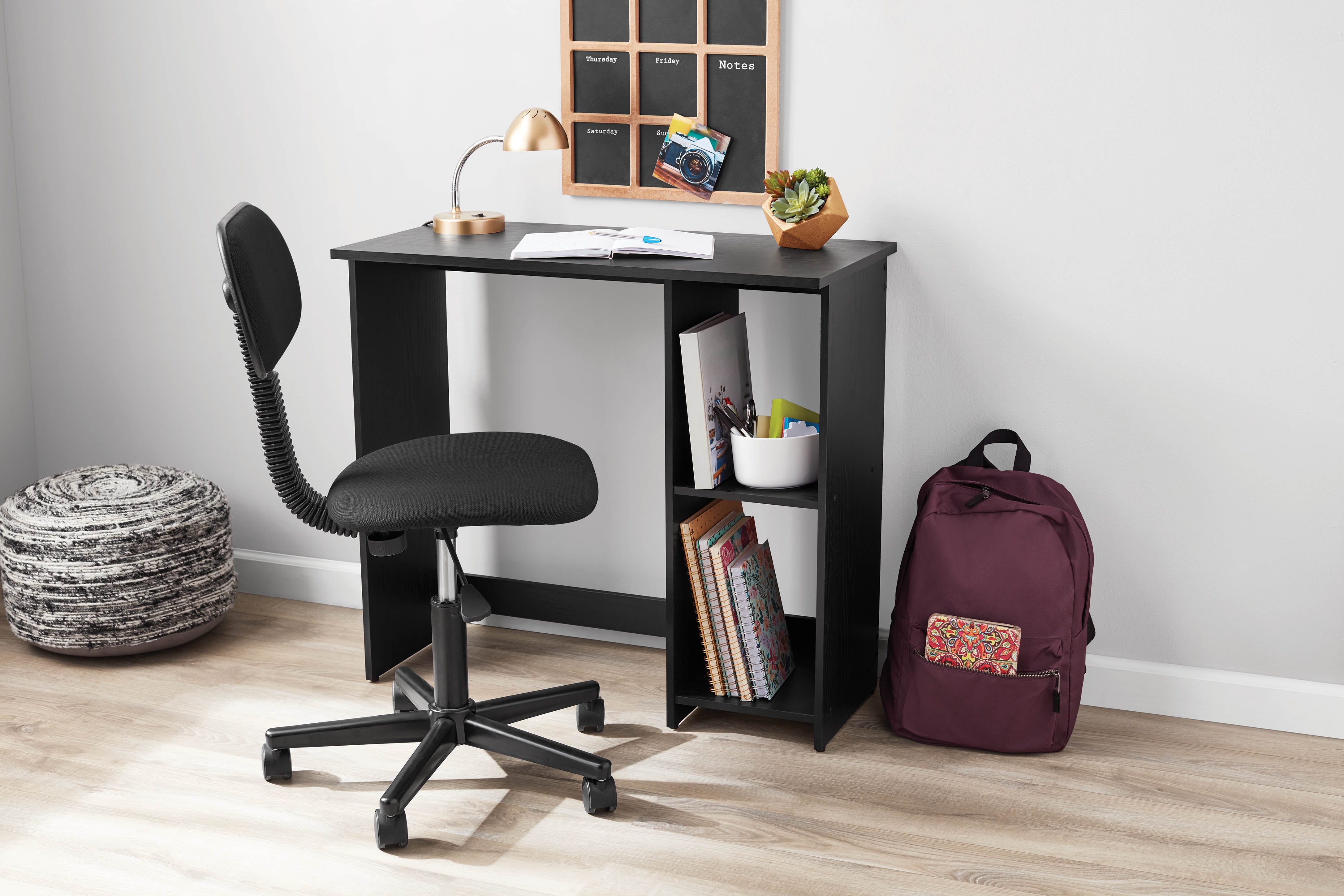 Mainstays Small Space Writing Desk with 2 Shelves, True Black Oak Finish 
