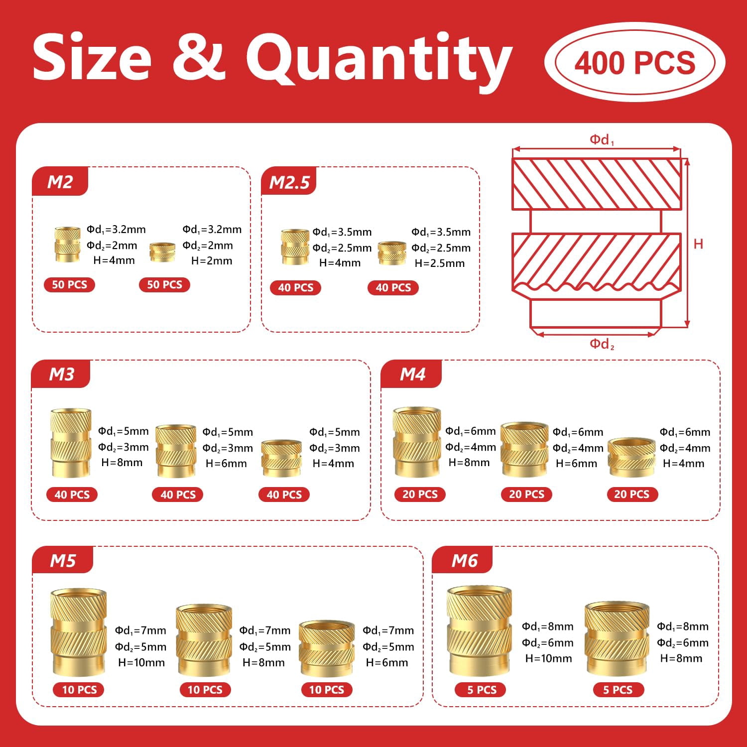 400 pieces of thread insert 22.53456 heat installation kit suitable for plastic and 3D printing components - brass metric knurled nut combination kit
