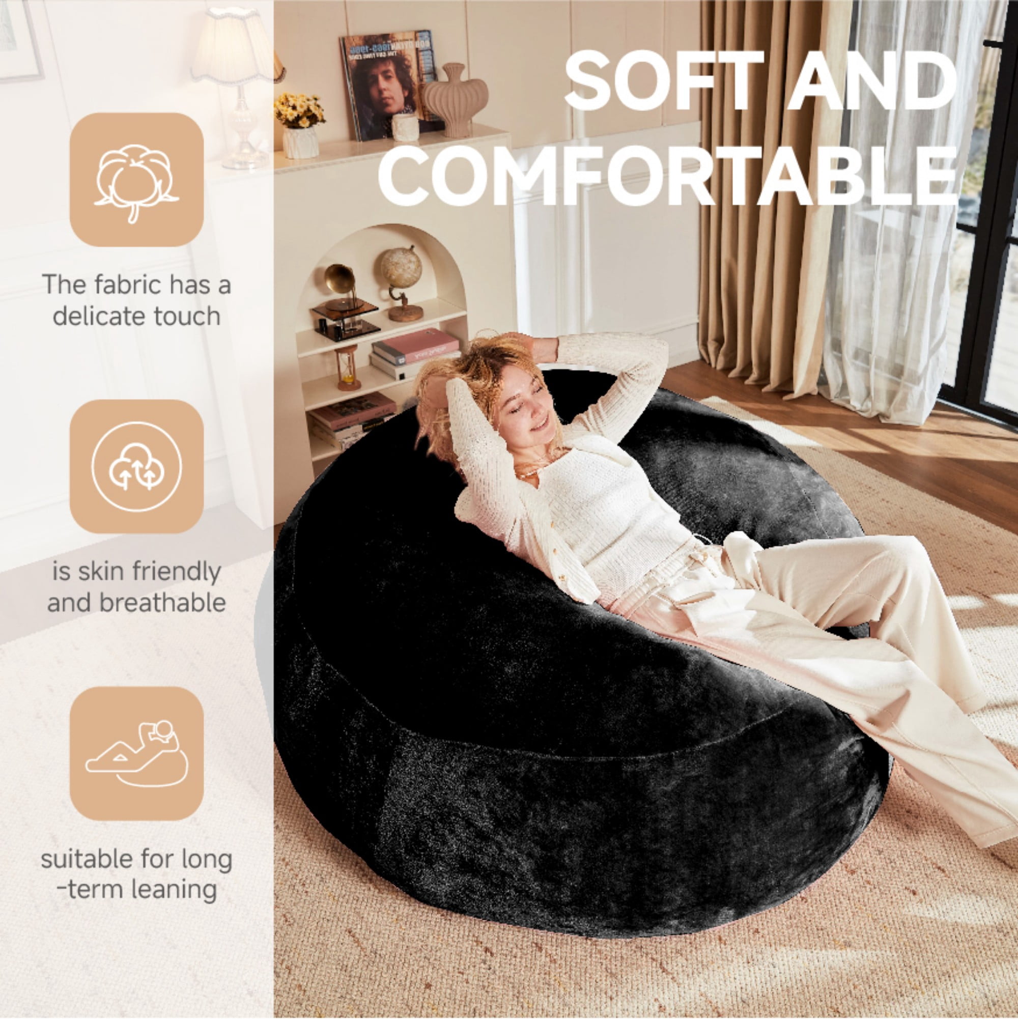 LLappuil 4 Feet Bean Bag Chair, Lazy Sofa Chair for Adults, Memory Foam Bean Bag Chairs with Filler Included for Living Room Bedroom Black