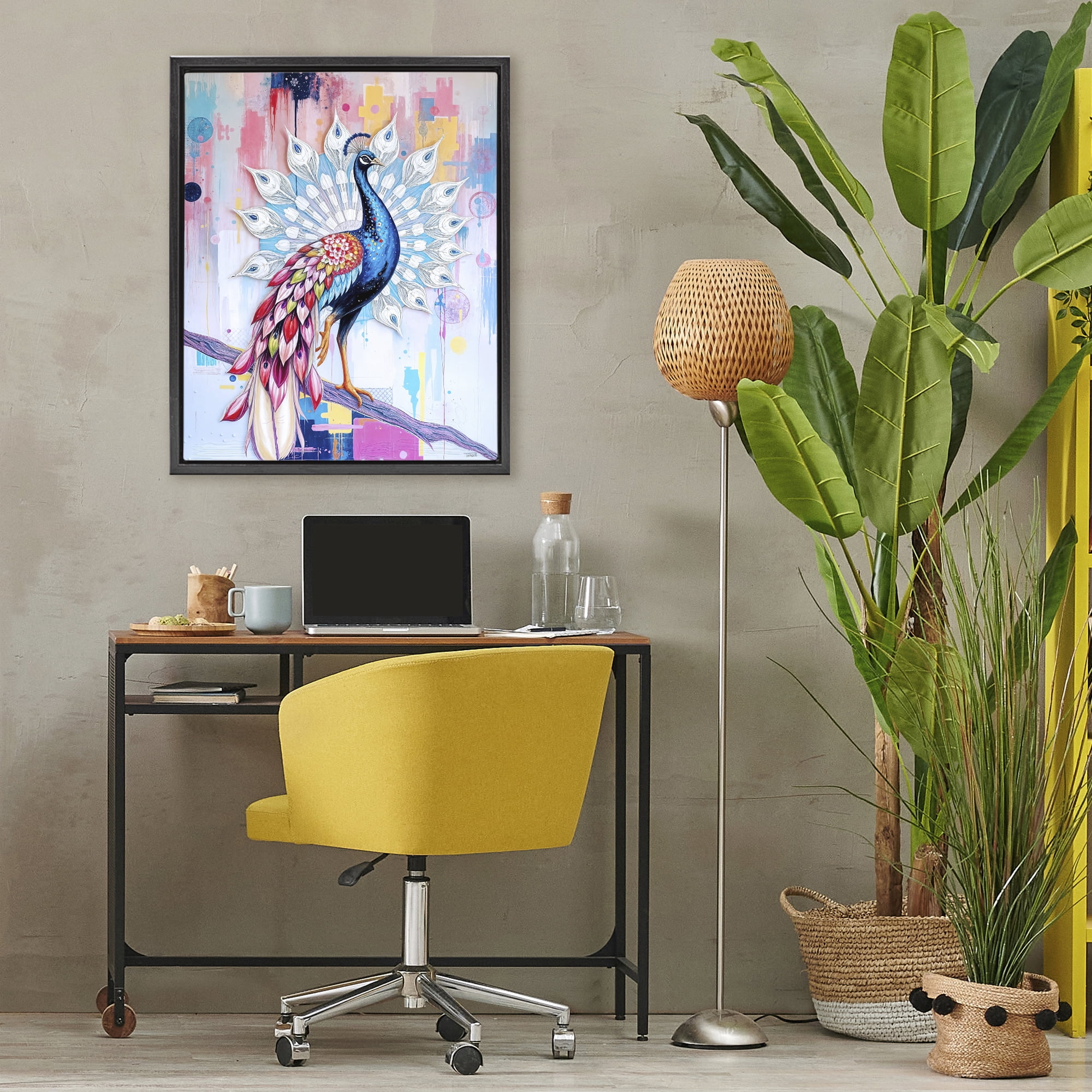 Stupell Industries Radiant Peacock on Branch Black Framed Floater Canvas Wall Art, design by Tabz Jones