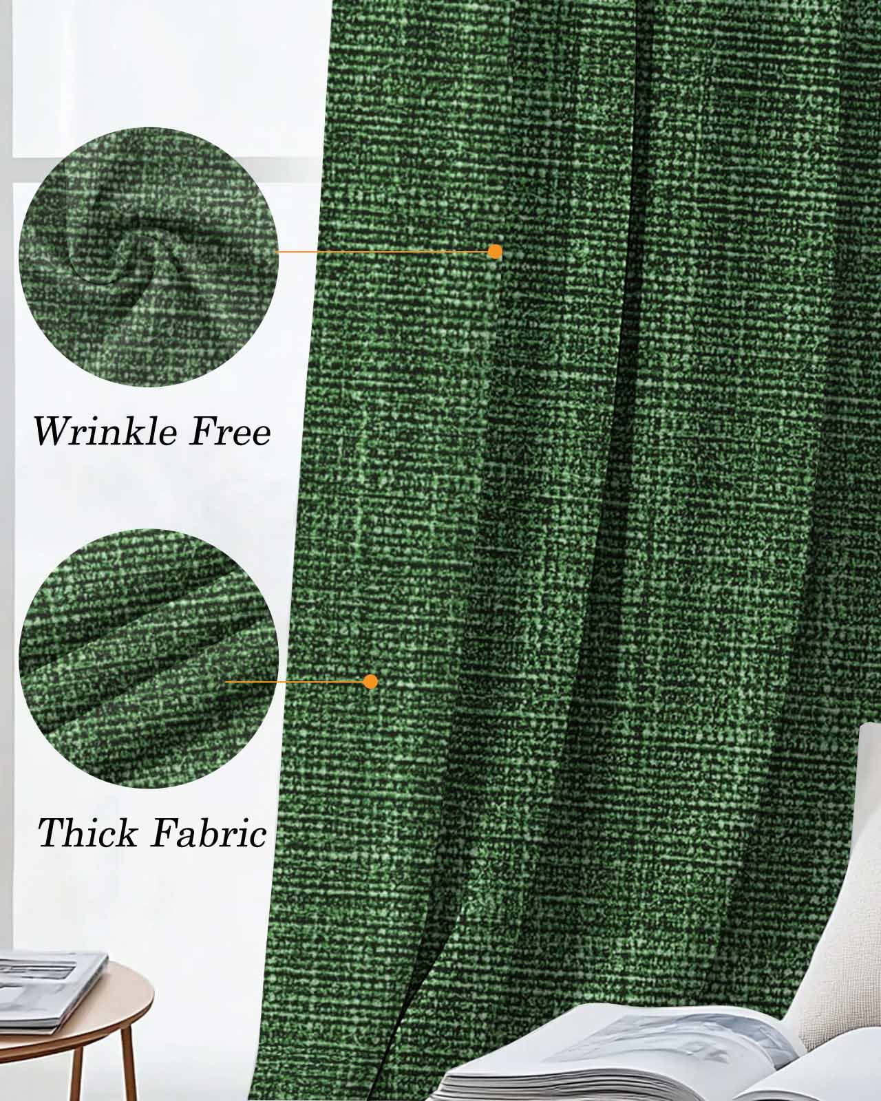 Dark Green Burlap Texture Blackout Curtains 63 Inches Long, Farmhouse Vintage Green 2 Panels, Thermal Insulated Room Darkening Drapes with Grommets, 52W x 63L Each Panel