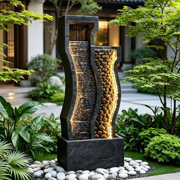 Marytumm Zen Outdoor Water Fountain with LED Lights & Pump, 33" Resin Waterfall Feature for Garden, Patio & Backyard