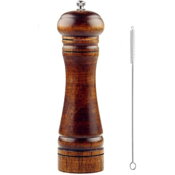 Wooden Pepper Mill or Salt Mill with a cleaning brush - 8 inch tall - Best Pepper or Salt Grinder Wood with a Adjustable Ceramic Rotor and easily refillable