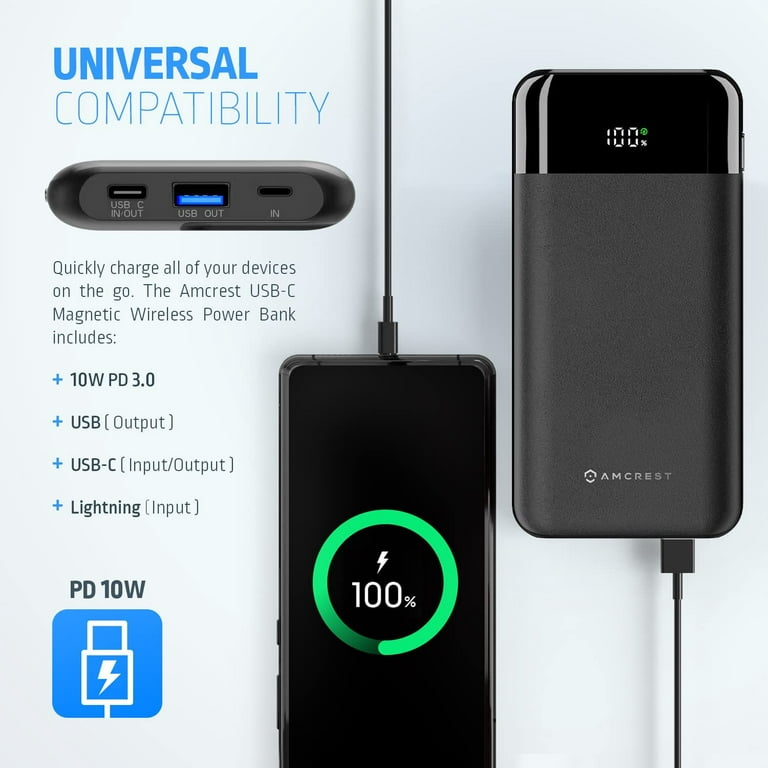 Amcrest USB C Power Bank, 10,000mAh Portable Charger USB C, Wireless  Magnetic Power Bank Fast Charging 10W PD 3.0, Type C Battery Bank with LED  Display for iOS Smartphone Devices APB-MAGW10-B 