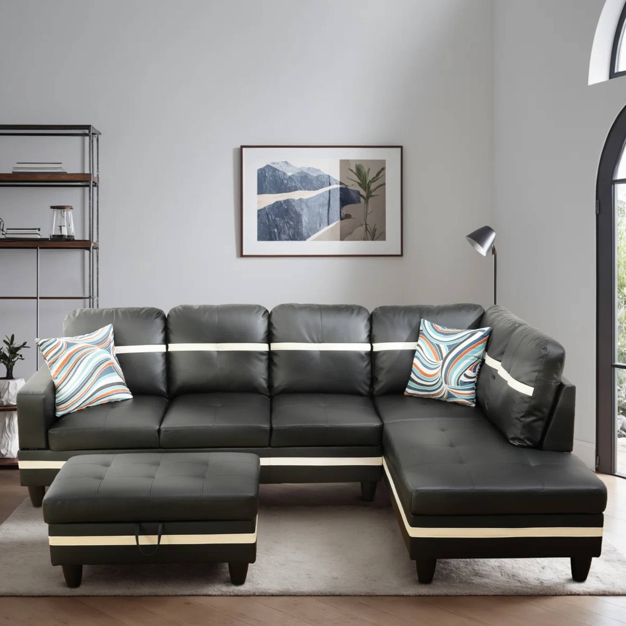 Sectional Sofa Couch, Leather L Shape Sofa Couch Set with Chaise and Storage Ottoman for Living Room, Black