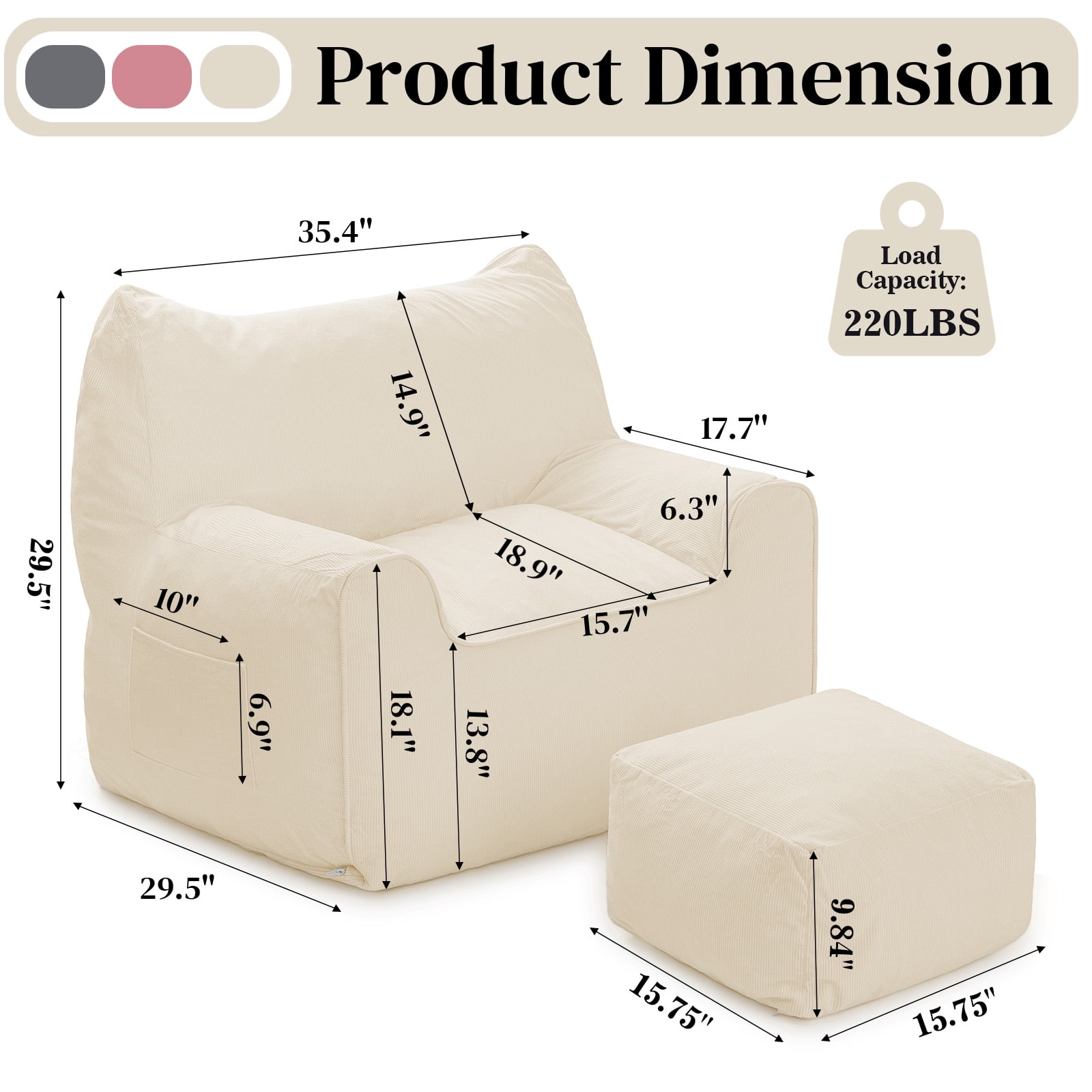 Bean Bag Chair with Ottoman Bean Bag with Footstool for Adults Teens, Bean Bag Sofa with Washable Cover, Pocket, Handle for Bedroom, Living Room, Beige