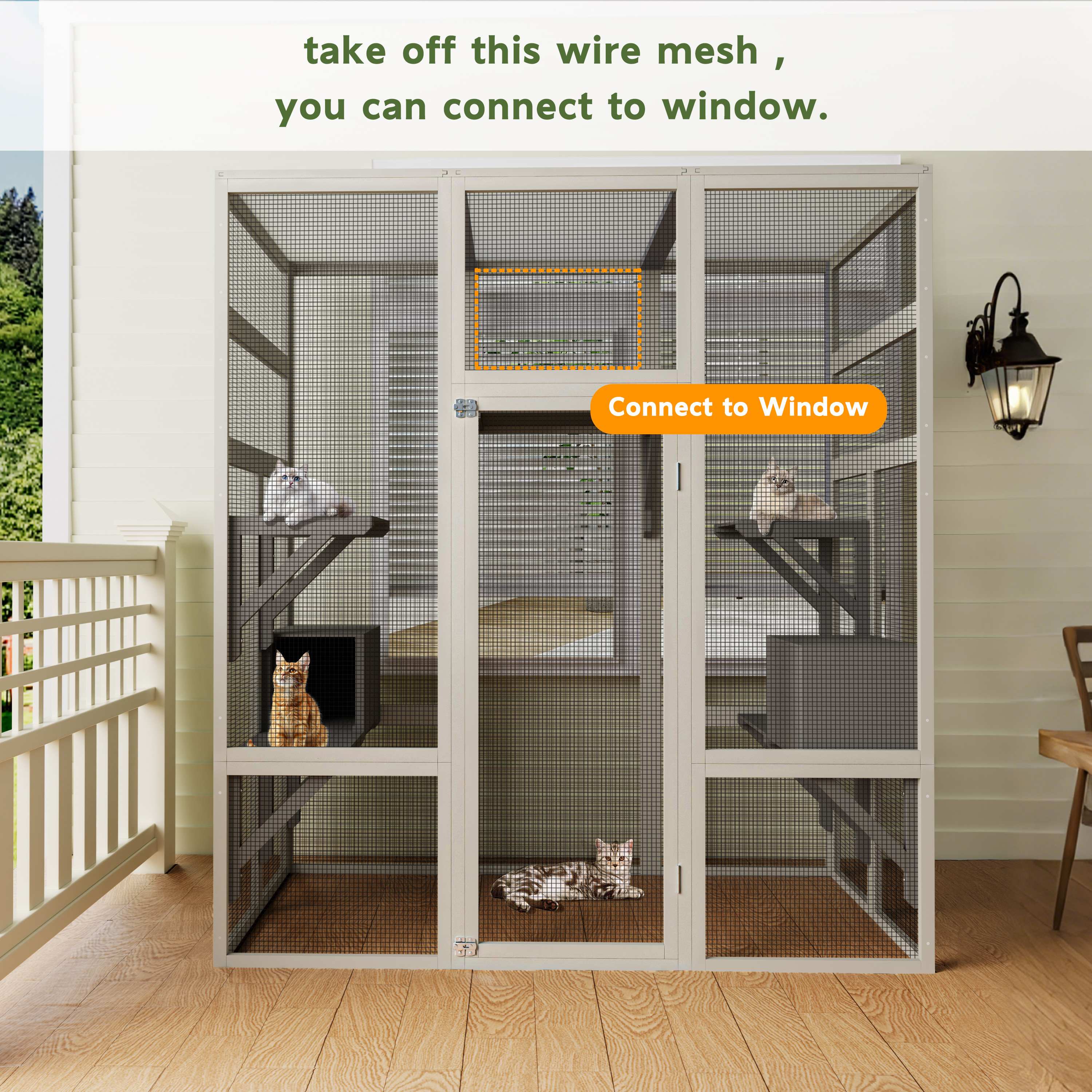 Catio Outdoor Cat Enclosure, 70'' Large Wood Cat House for Mulitiple Cats, Walk in Kitty Cage with 5 Platforms & 2 Resting Boxes, UV-Resistant & Waterproof Cover