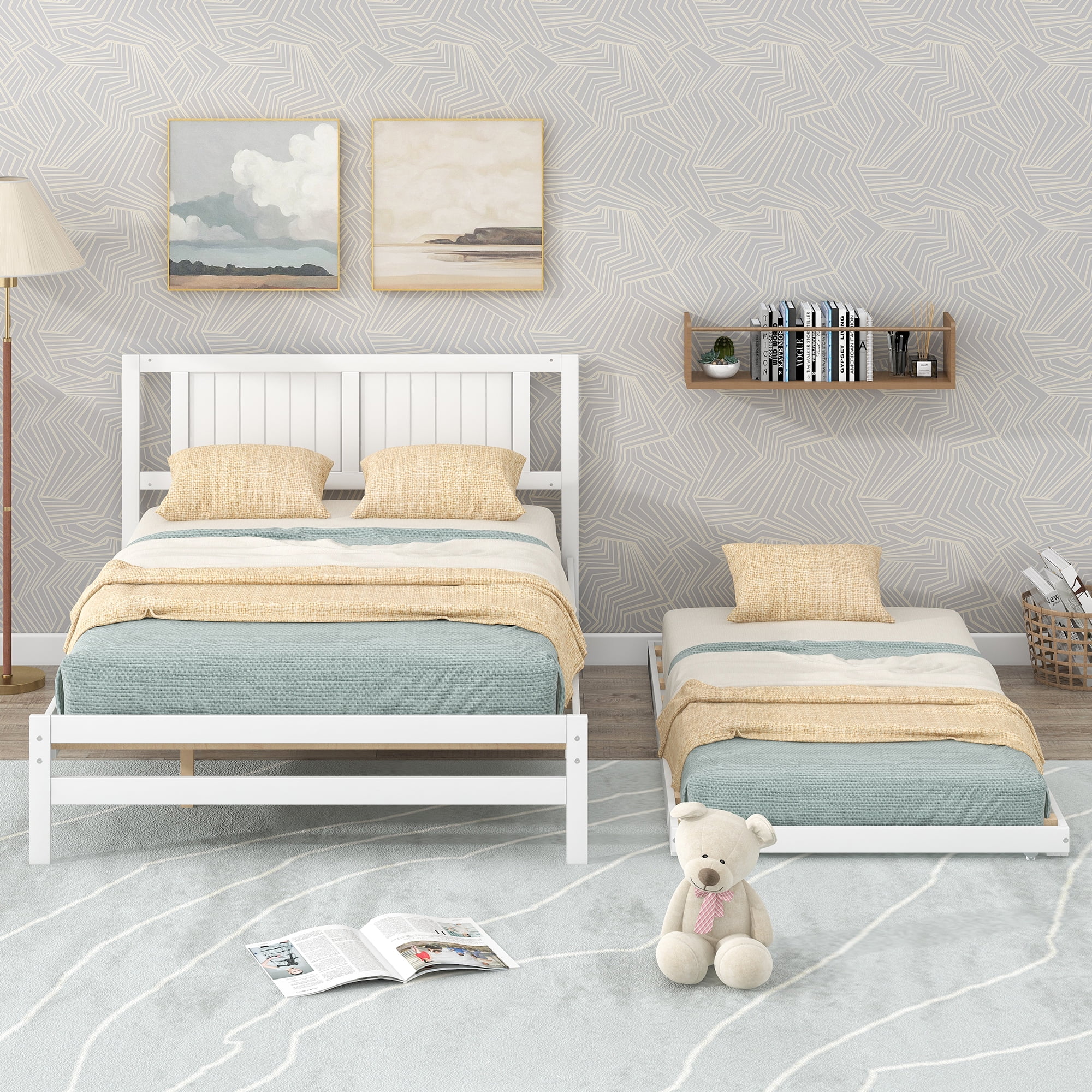 Aukfa Full Size Platform Bed with Trundle - Solid Wood Bed Frame for Kids Guests Bedroom - White