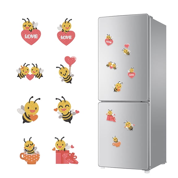 8pcs Diamond Painting Kit Fridge Magnets Heart-Shaped Bee DIY Glitter Magnetic Stickers Creative Fridge Decor for Kitchen Accents and Holiday Gifts