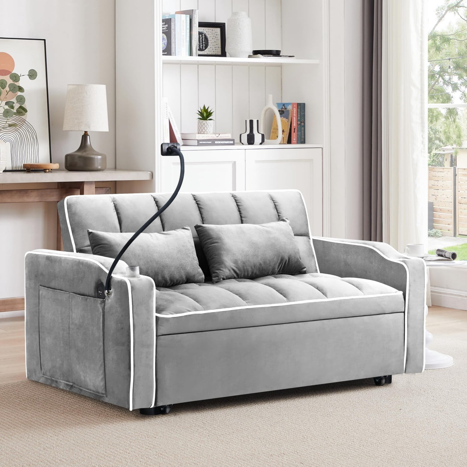 55" 3 in 1 Convertible Sofa Bed with Phone Holder, Loveseat Couch with Pull Out Bed, Space-Saving Apartment Sofa, Light Gray