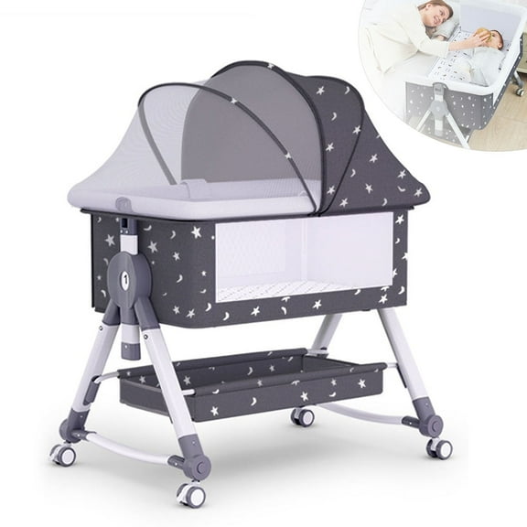 SLLINGLUO Baby Bassinet with Wheels, 5-Level Height Adjustable Folding Bedside Crib, Gray Starry Sky