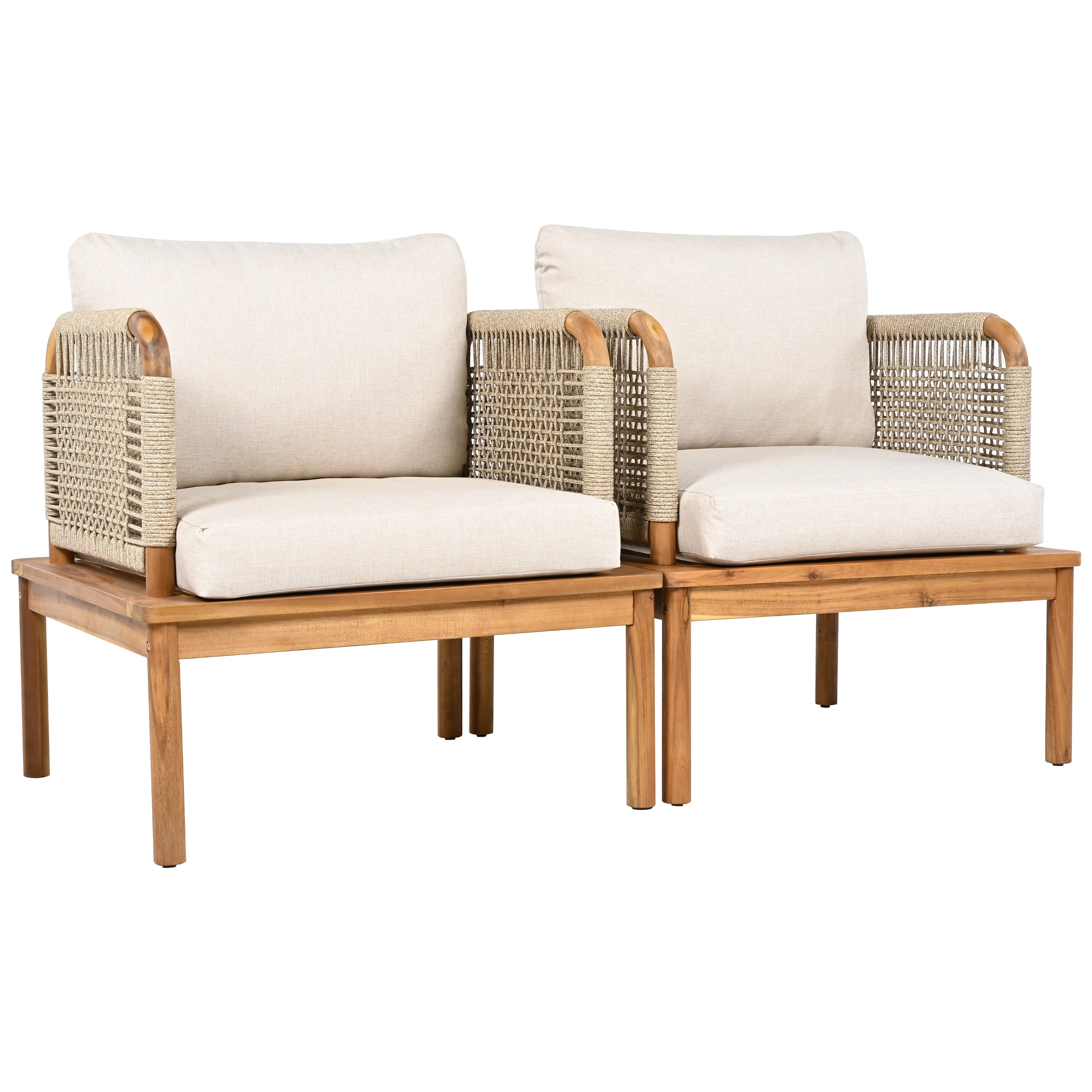Outdoor Acacia Wood & Rope Club Chair Set of 2 with Plush Cushions, Weather-Resistant Patio Lounge Chairs for Garden Porch Backyard, Teak+Beige