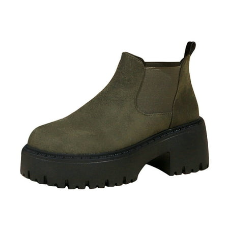 OJSFQUFP Women Ankle Boots Ladies British Style Solid Color Suede Comfortable Thick High Heel Short Boots Comfortable Fall Shoes Womens Ankle Boots Low Heel Army Green 38