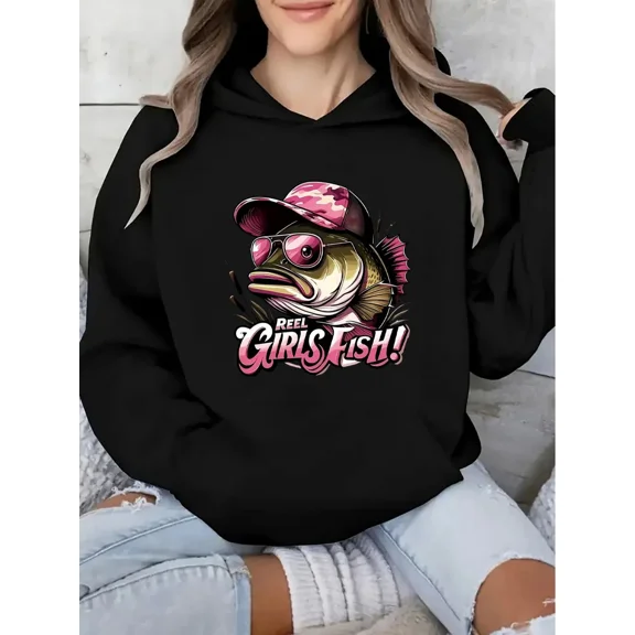 Wo Fishing Reel Girls Fish Print Fish Scale Pocket Lightweight Hoodie Shirt for Men & Women, up to Size 5XL