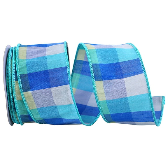 Reliant Ribbon - 93638W-001-40F, Dupioni Blues Plaid Wired Edge Ribbon, Multi, 2-1/2 Inch, 10 Yards