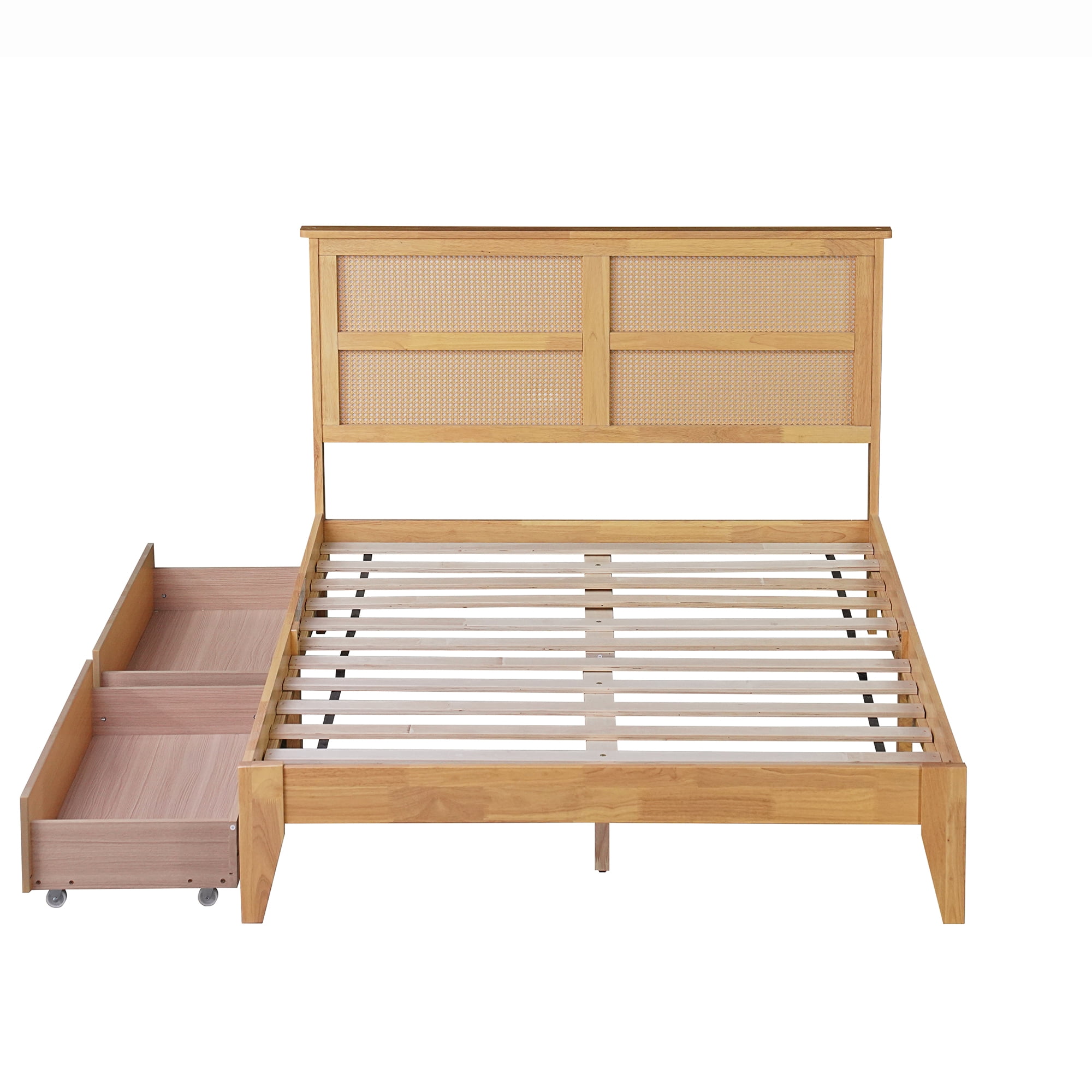 Miniyam Full Size Bed with Rattan Headboard, Storage Drawers for Adult, Oak
